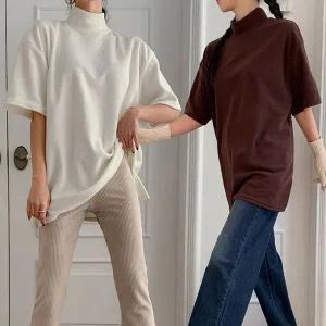 [하프클럽/]빅사이즈 겨울 기모 목폴라 레이어드 트임 반팔 롱 티셔츠