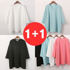 2장set 빅사이즈여성의류 리버플 7부 V넥 티셔츠 1+1