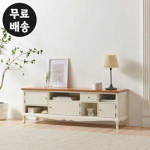 [벤티스가구]로넬 엔틱 거실장 원목 2단 tv 테이블 티비장 거실 수납장 선반 가구(1500/아이보리)