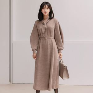 [시크라인] (~XXL까지)노블렛 타이 넥 벨트 니트 원피스 겨울 루즈핏 롱원피스 니트 캐쥬얼룩 데일리룩 미시룩 40대