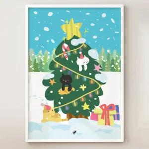 겨울 크리스마스 그림 고양이 포스터 성탄절 트리 장식 액자 인테리어 A3 A4