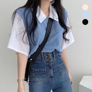 여자 페이크 셔츠 니트 조끼 레이어드 반팔티