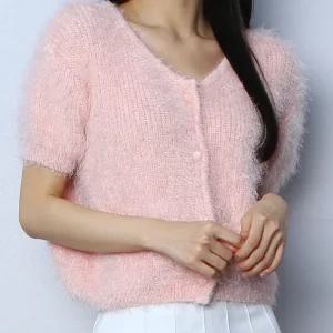 [파라노말샵](벚꽃룩) 부클 브이넥 셔링 반팔 숏 가디건 (파라노말