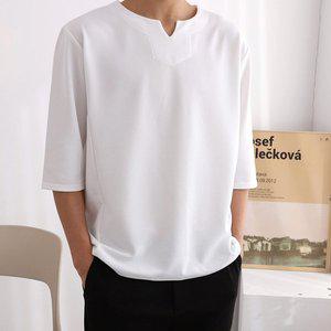 [비템]심플 미니멀 세미오버 슬릿넥 7부 티셔츠 3컬러 4사이즈