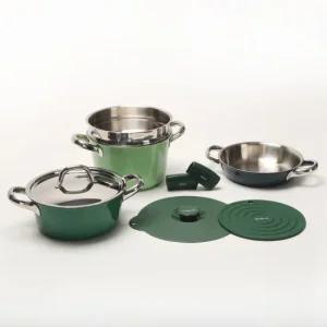알레보 디엣지 클리어 그린컬러 인덕션 통3중 스텐 냄비 세트(실리콘 손잡이 냄비받침 뚜껑 포함)