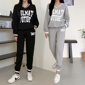 여성 88까지 면 나염 브이넥 맨투맨 조거팬츠 트레이닝 세트 츄리닝 운동복 캐주얼 -WPST0132- 봄 가을