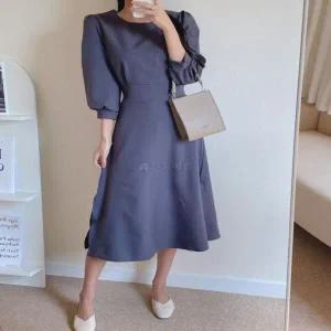 /옷자락 여자 하객룩 칠부 퍼프 스트랩 롱원피스