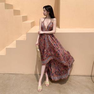 여자 바캉스 패턴 쉬폰 홀터넥 플레어 나시 롱 원피스