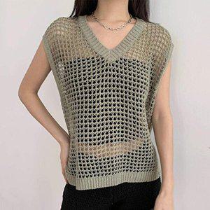 [신상오픈런]|KHJ64DF|여성 니트 민소매 망사 루즈핏 네트 그물 조끼