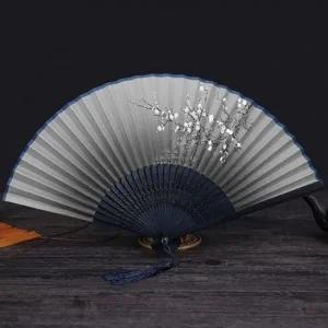 매화꽃 접이식 대나무 부채(블루)-DT 전통 부채 햇빛 차단 여름 동양화