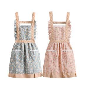 예쁜 플라워 패턴 프릴 주름 앞치마 주방 주부 린넨 방수 코팅 양옆 포켓 주머니