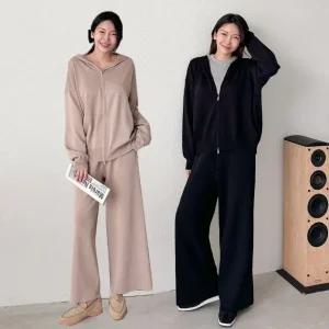 여성 봄 가을 니트 후드집업 와이드팬츠 세트 투피스 꾸안꾸 셋업 PST0248S 빅사이즈 루즈핏