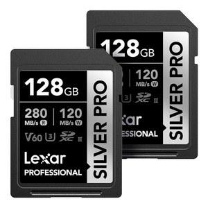 [미국배송] 렉사 128GB(2-PK) 프로페셔널 실버 프로 SD 카드 UHS-II C10 U3 V60 풀 HD 4K 최대 280MB/S 읽기 SDXC 메모리 사진작가 비디오그래퍼 애호가(LDSIPR128G-B2NNU)