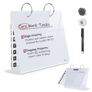 데스크톱 유리 드라이 이레이즈 및 아크릴 에스테틱 데스크 주간 할 일 목록 콤보, 소형 마그네틱 스탠딩 화이트보드, 홈 오피스 용품용 액세서리가 포함된 플립 이젤 캘린더, 화이트, 9 x 7