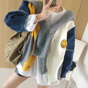 나이스 부클스마일 브이넥 컬러배색 빈티지 데님소매 레이어드 루즈핏 니트 가을가디건 (4color)