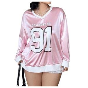 보드럼 여성용 플러스 사이즈 저지 셔츠 번호 글자 프린트 스웨트셔츠 V넥 긴팔 풀오버 상의