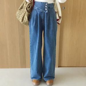 플라이 언발 쓰리버튼 하이웨스트 투핀턱 포켓 와이드 진청 데님 청바지