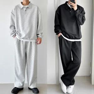 [미니멀무드/4XL] M버튼맨투맨 세트 카라티 와이드팬츠 데일리 셋업 빅사이즈까지