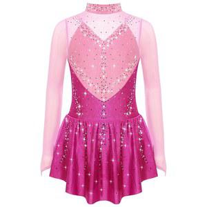 아고키 걸스 반짝이는 피겨 스케이팅 드레스 긴팔 라인스톤 발레 댄스 스커트 레오타드 체조 의상