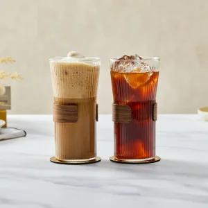 [모던하우스] 소울카페 우드홀더 플리츠 내열 유리잔 500ml 2P