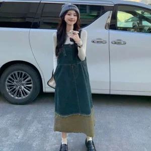 데님 인기 빈티지 배색 멜빵 원피스