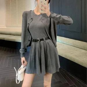 [하프클럽/]여자 라운드 플레어 원피스 가디건 세트