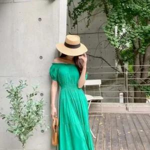 원피스 밴딩 스모크원피스 롱 오프숄더 스모크