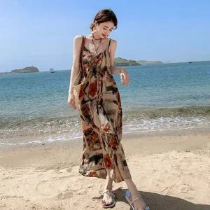 여성 끈나시 브이넥 패턴 원피스