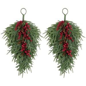 Topotdor 2팩 인공 크리스마스 티어드롭 스웨그, 63.5cm(25인치) 인조 솔잎 노퍽 녹색 눈물 방울 문 화환, 레드 베리와 솔방울 포함, 계단 벽난로 실내/실외 장식용