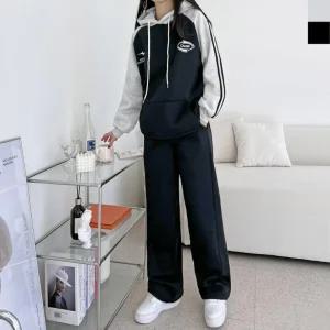 GAA ND744-ND270 여자 오버핏 배색 두줄 기모 후드티 와이드 스트링 트레이닝 세트(기모안감)