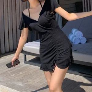 홀터넥셔링 원피스 체형커버 수영복 비치웨어 블랙 M (WFFKWJR)