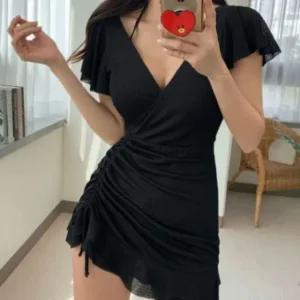 홀터넥셔링 원피스 체형커버 수영복 비치웨어 블랙 L (WFFKWJS)