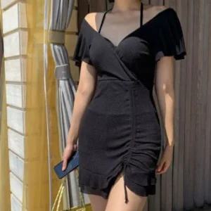 홀터넥셔링 원피스 체형커버 수영복 비치웨어 블랙 XL (WFFKWJT)