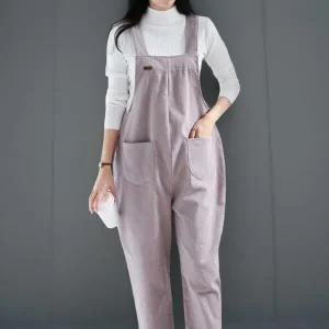 |KSP9197|여성 겨울용 배기 스타일 투포켓 멜빵 기모 골덴 점프수트