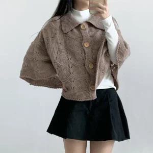 |KMJ69E7|여성 물결 패턴 카라넥 숄 망또 판초 케이프 가디건