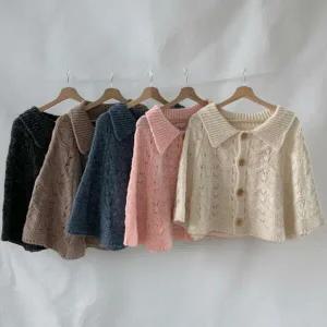 |KMJ69E7|여성 물결무늬 카라넥 숄 망또 판초 스타일 케이프 가디건