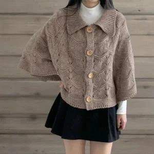 |KMJ69E7|여성 물결 패턴 카라넥 숄 망또 판초 스타일 케이프 가디건