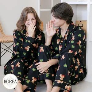 [토토와모모]커플잠옷 여성 남성 성인 긴팔 파자마 신혼 연인 곰돌이 블랙 24F854 곰인형 _P375632711