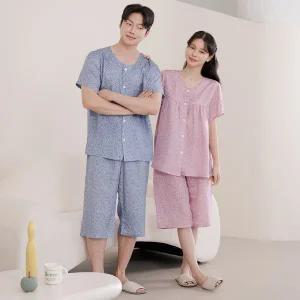 [토토와모모]커플잠옷 여성 남자 반팔 잠옷 신혼부부 연인 파자마 M2010 6010 M나뭇잎_P343613496