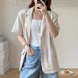 [라일리여성의류] Rly 린넨 자켓 여성 블 2버튼 반팔자켓 여름 캐주얼