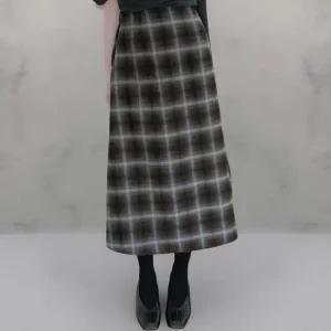 여성 두툼 하이웨이스트 배색 체크 A라인 긴 치마