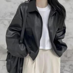 여성 일상 시크 스타일 블랙 루즈핏 가죽 재킷