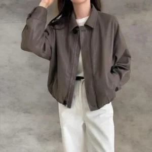 여성 힙무드 가죽 루즈핏 카라넥 스트링 재킷