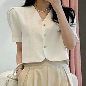 [라일리여성의류] Rly 골드 하트버튼 여름 세미크롭 반팔자켓 노카라 퍼