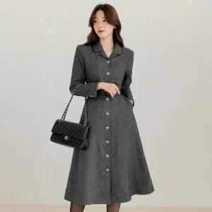 [시크라인] (~XXL까지) 사로벤 카라 벨트 헤링본 원피스 겨울 플레어 하객룩 오피스룩 모임룩 격식룩 연말룩 빅사이즈