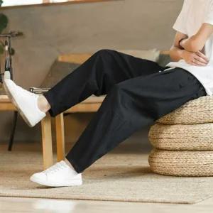 [라일리의류] Rly 배기 통 바지 남자 허리 밴딩 린넨 9부 팬츠