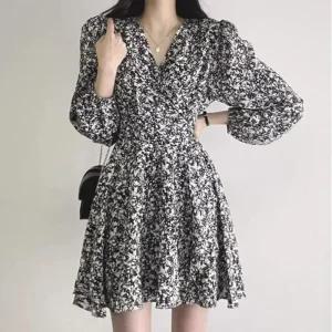 [라일리여성의류] Rly 브이넥 퍼프소매 플라워 쉬폰 미니원피스