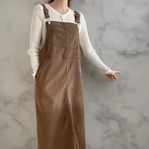 [신세계라이브쇼핑][옷자락] 여성 골덴 멜빵 포켓 안감 기모 트임 오버핏 롱드레스