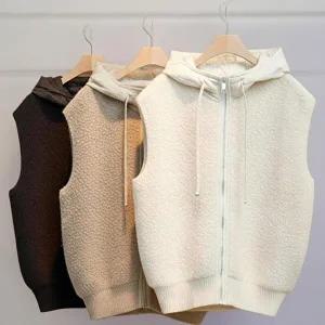 [신상오픈런]|CDJ6A0C|여성용 후드 스트링 뽀글이 퍼 캐주얼 집업 베스트