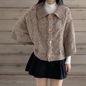 [신상오픈런]|KMJ69E7|여성 물결 패턴 카라넥 숄 망또 판초 케이프 가디건